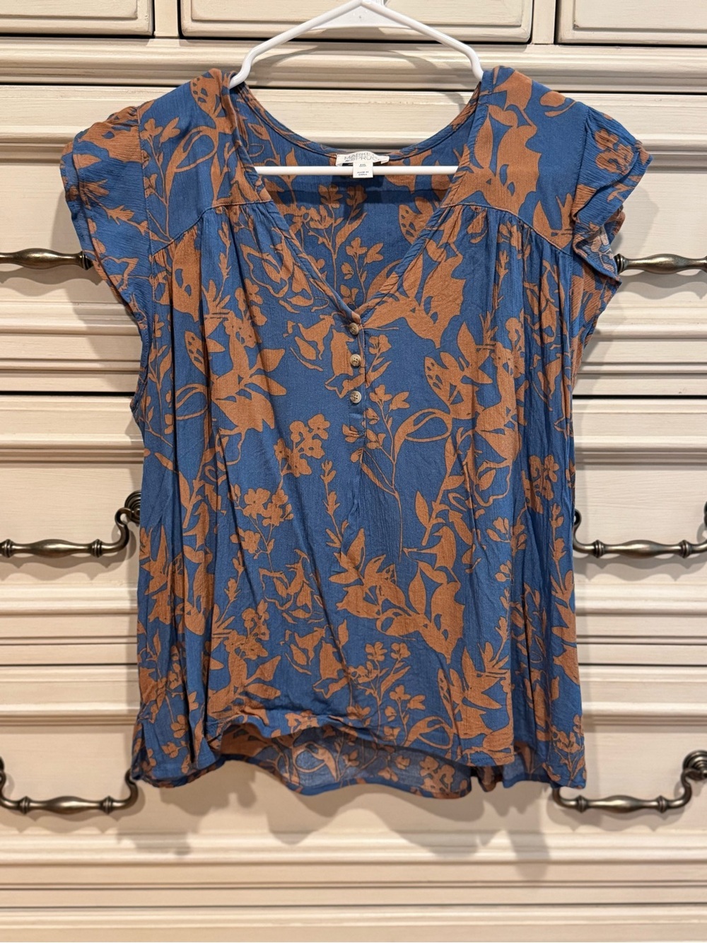 Floral V-Neck Cap Sleeve Top - Blue & Brown